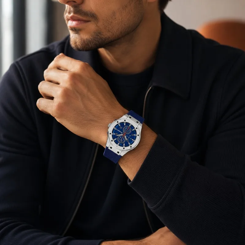 Luxury Men Quartz Watch Fashion Metal Case Blue Dial Wristwatch Sport Business Silicone Band Male Watch Wrist Clock Gift for Man