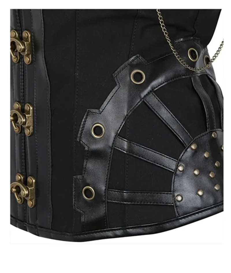 Steampunk Steel Bone Rivet Chain Corset Vest for Women Gothic Bustiers Top Retro Leather Lace Up Overbust Corselet with Straps