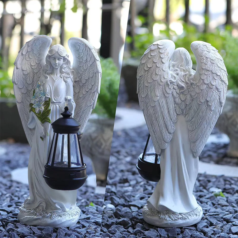 Solar Fairy Wings Statue Lamp Auto On & Off Decorative Angel Figurine Lantern Angel Ornament Light for Outside Yard Art Patio