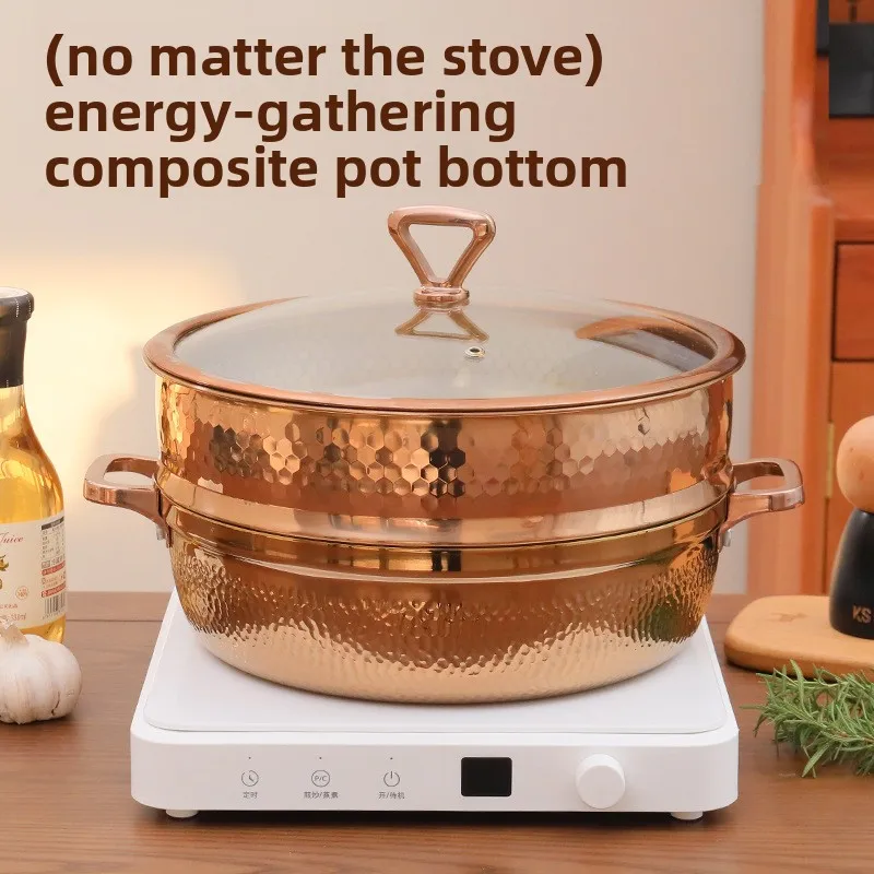 Three-layer steel large-capacity seafood steamer, steam pot, induction cooker, commercial household outdoor shallow soup pot