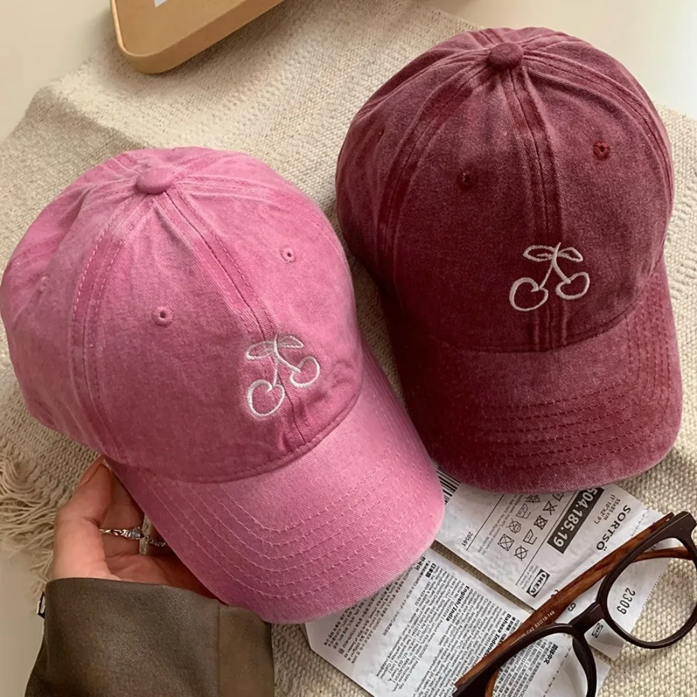 

Embroidered Cherry Baseball Cap Solid Color Big Head Circumference Peaked Cap Visor Hat Sun Protection Sunscreen Sun Hat Summer