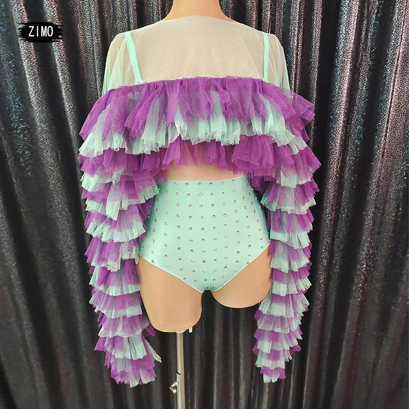 

fashion two piece bodysuit rhinestones purple mesh Long sleeve shawl dance costume leotard women party birthday festival outfits