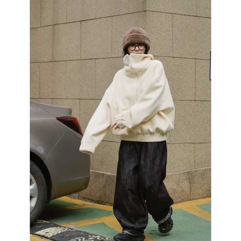 Women Winter Polar Fleece Sweater Zipper Pullover Retro Fashion Loose Large Lapel Lazy Soft Milky Thick Sweatshirt Clothes Coats