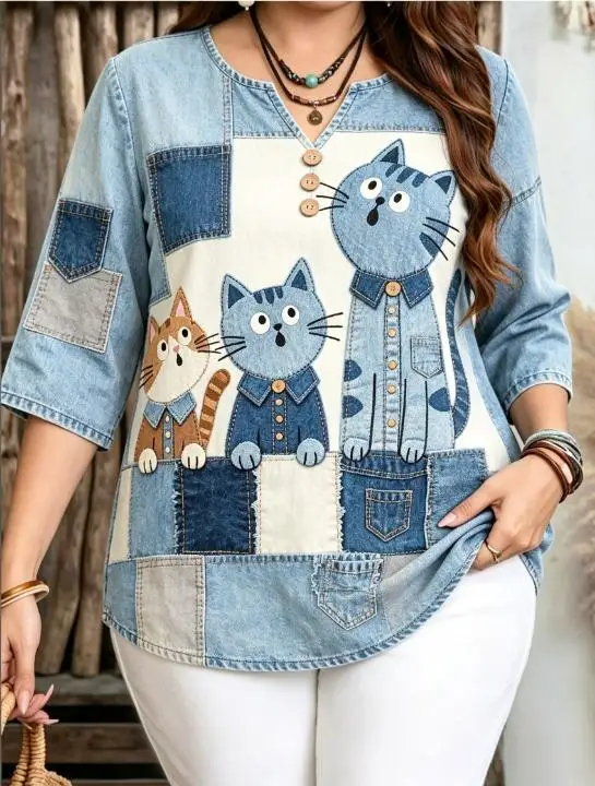 7 Colors Patchwork Denim Cat Print Blouses Notch Split V Neck 3 Decor Buttons 3/4 Sleeve Cute Casual Women Shirts
