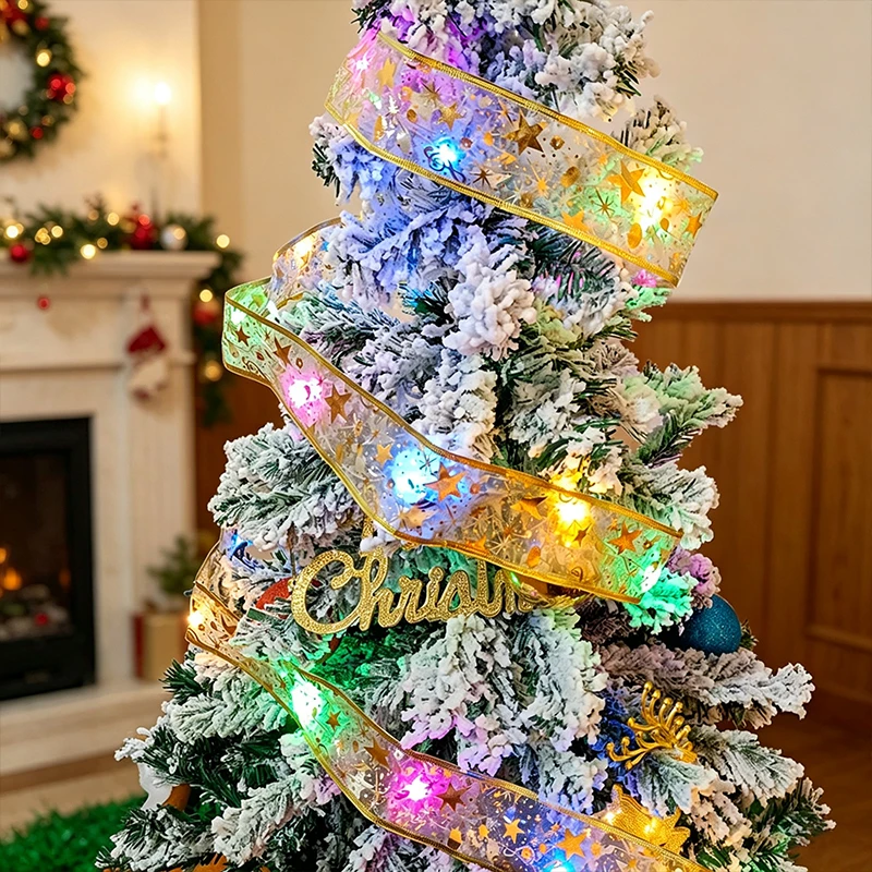LED Christmas Ribbon Fairy Lights Battery‑Powered Flexible Star Print Organza Ribbon Lights Versatile Xmas Ornament for Tree