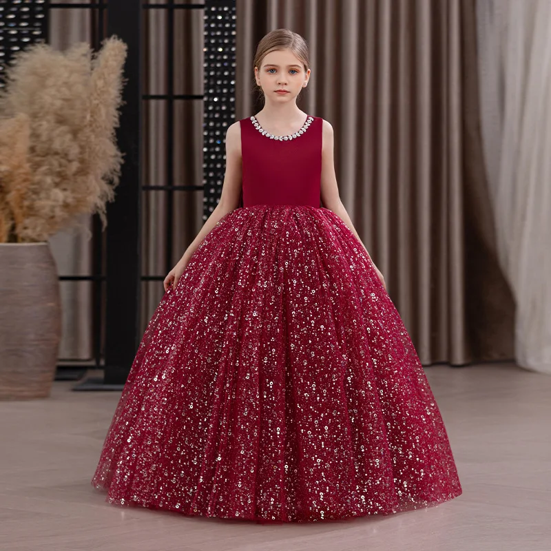 Summer Girls' New Wine Red Wedding Dress Fluffy Skirt High-End Sequin Decoration Sleeveless Dress Back Bow Dinner Skirt