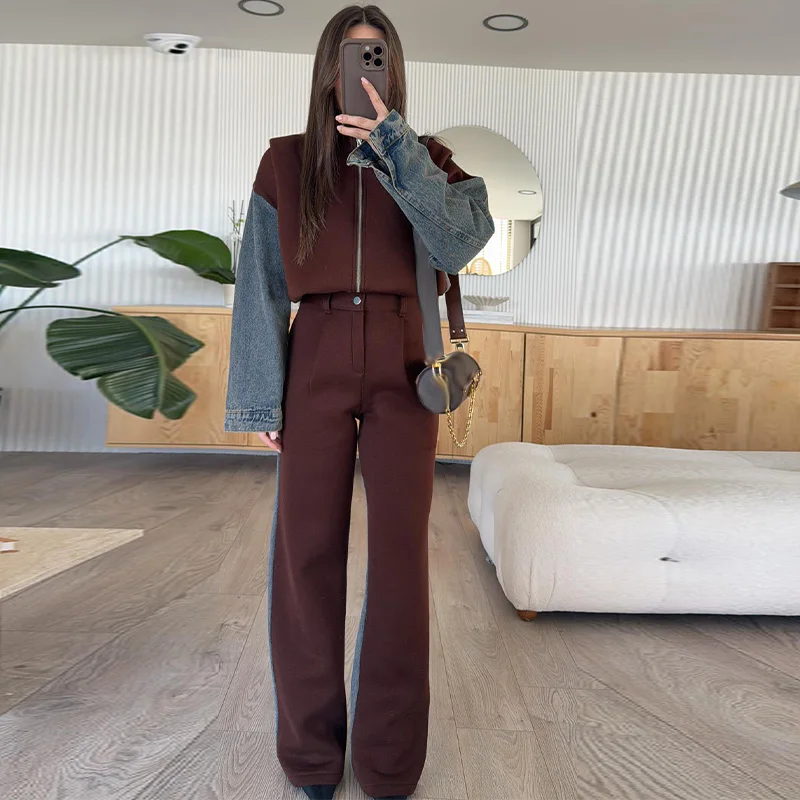 

Джинсовый лоскутный топ, брюки, комплект из двух предметов, женские комплекты с длинными рукавами и брюками, модная шикарная повседневная уличная одежда, новая осенняя одежда