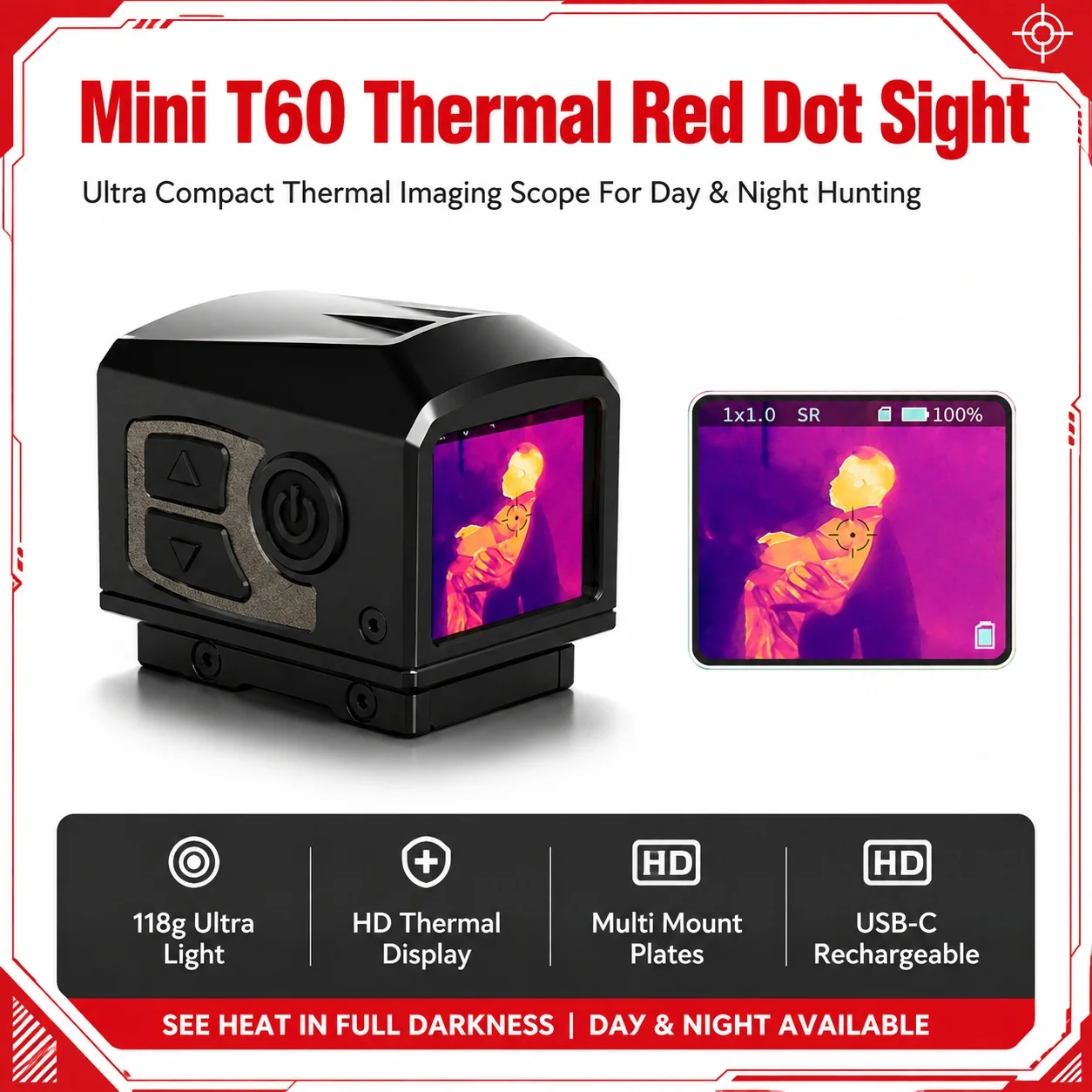 T60 Mini Thermal Imaging Camera Scope 768X576 Touch Infrared Thermal Tactical Optic Scope 1X-2X Digital Zoom Compact For Hunting