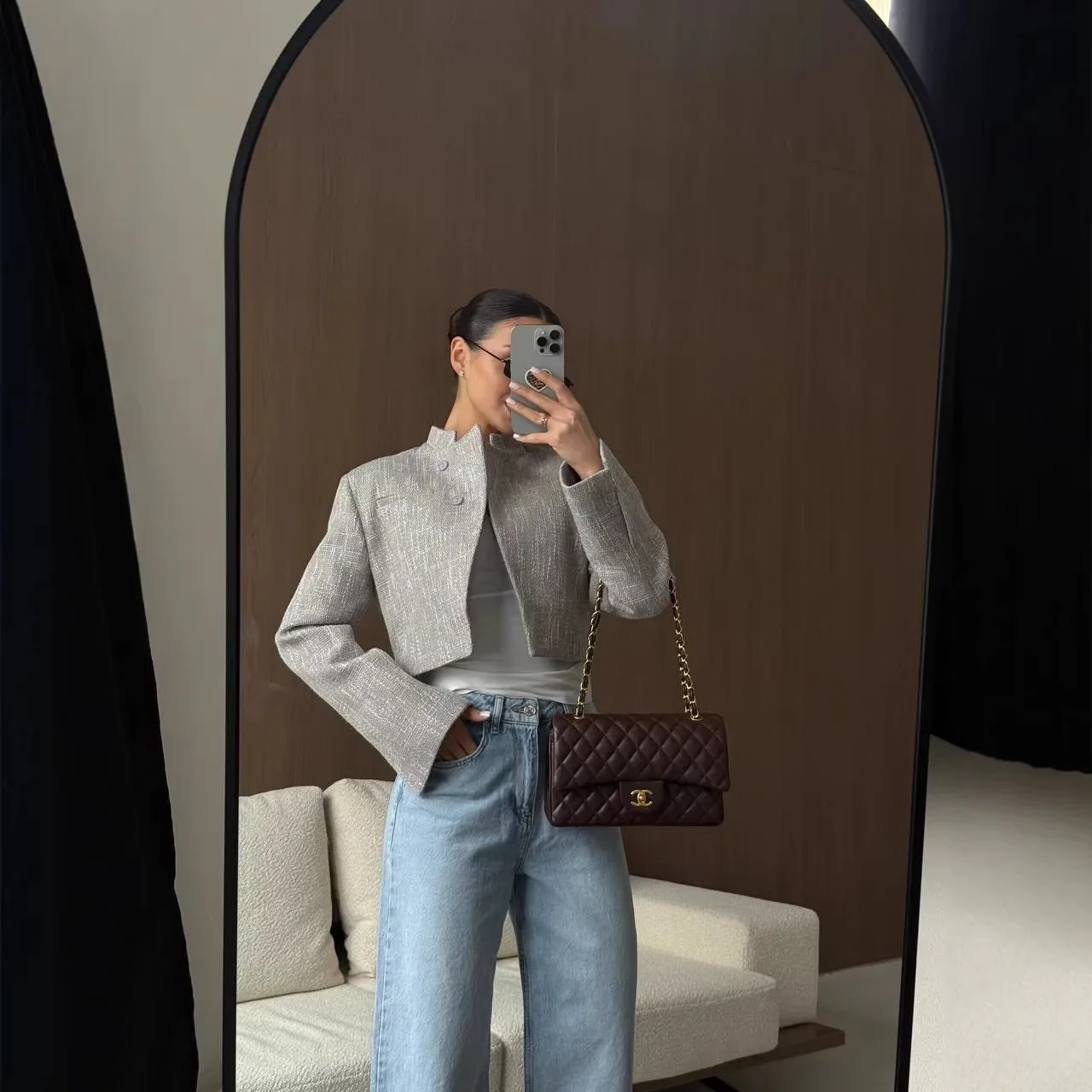 2026 New Arrival Women's Short Outerwear Collarless Shoulder Pad Blazer Stylish Tweed Jacket For Daily Wear