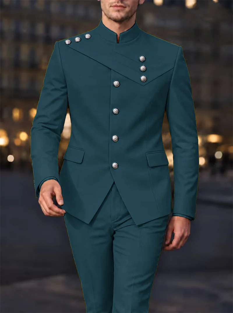 Indian-Style Men’s 2-Piece Suit – Stylish & Elegant Groom’s Wedding Tuxedo, Featuring a Mandarin-Collar Blazer and Trousers