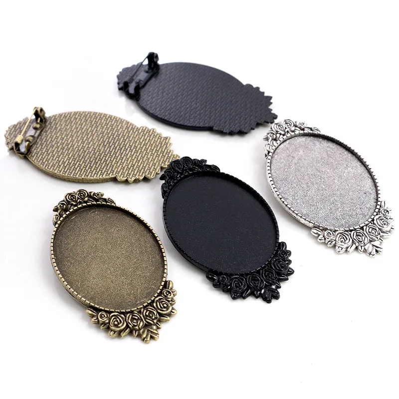 New Fashion 5pcs 30x40mm Inner Size Antique Silver Plated Bronze/Black Pin Brooch Pierced Style Base Setting Pendant