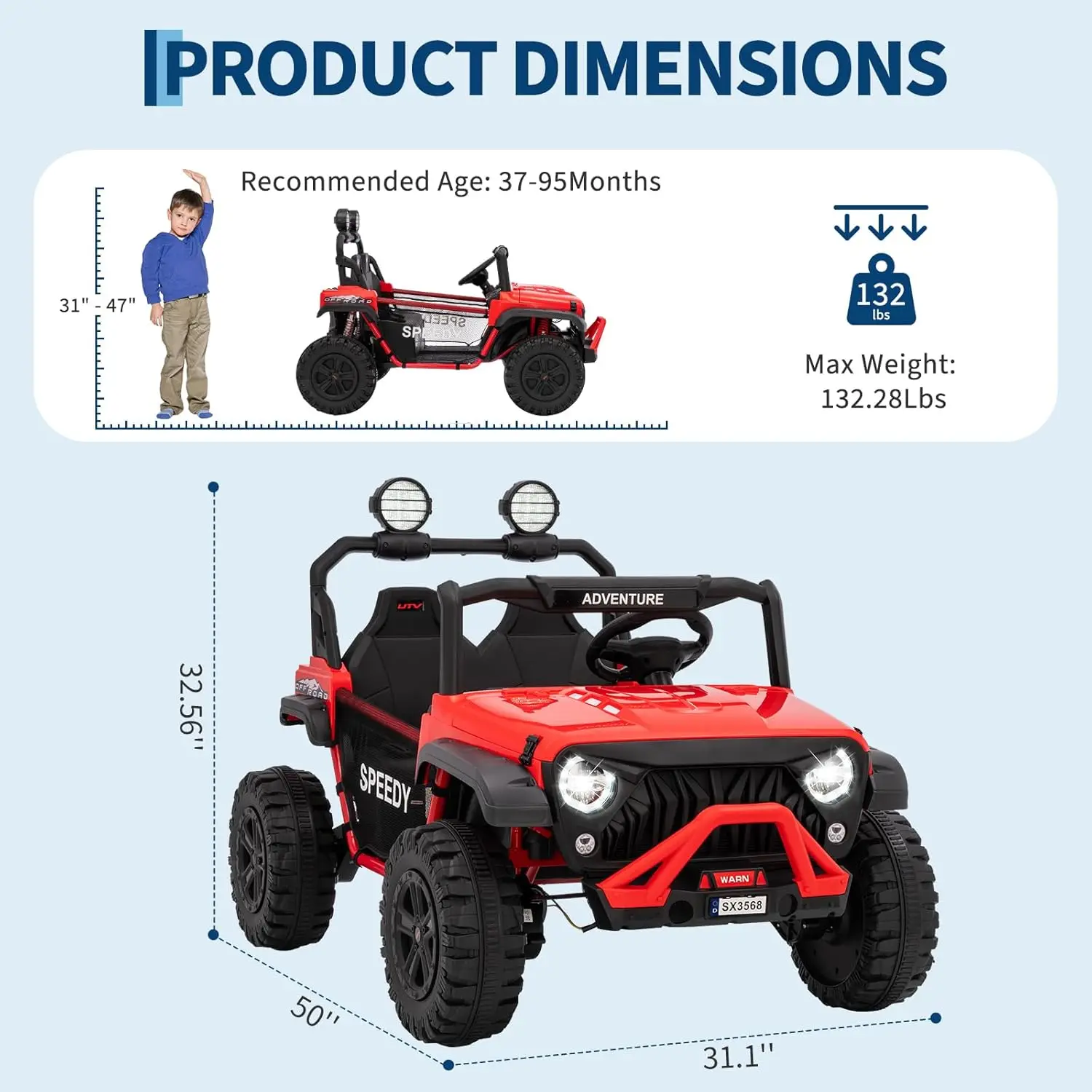 2 Seater Ride on Car for Kids, 24V 4WD Kids Electric Vehicles Ride on Toys with RC/Spring Suspension/LED Lights/Music, 3 Speeds