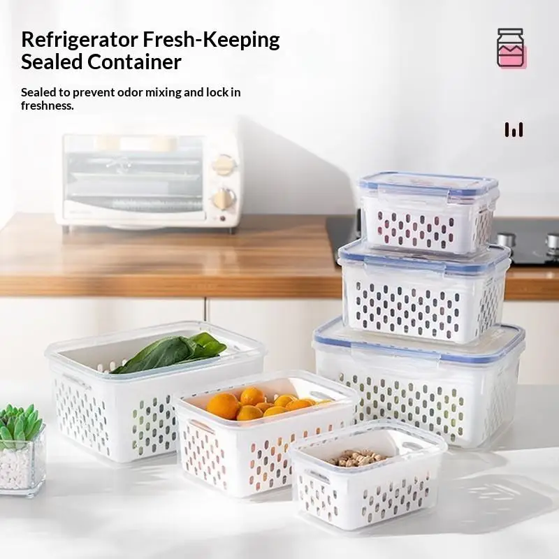 Plastic Fresh-keeping Container Set Lid Refrigerator Filter Fruits Vegetables Berries Meat No Leak Stay Fresh