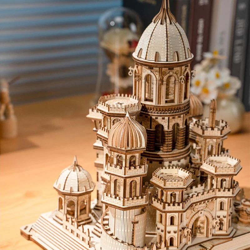 3D Wooden Puzzle Magic Castle Music Box Miniature Model Kits Mechanical Gear Rotation Puzzles Friends Birthday Gift Home Decor