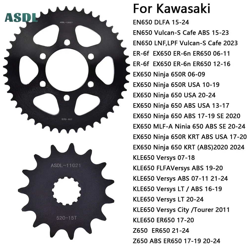 

520 46T 15T Front Rear Sprocket For Kawasaki EN650 Vulcan ER-6f EX650 ER-6n ER650 Ninja 650 Ninja 650R KLE650 KLE650 Z650 ABS