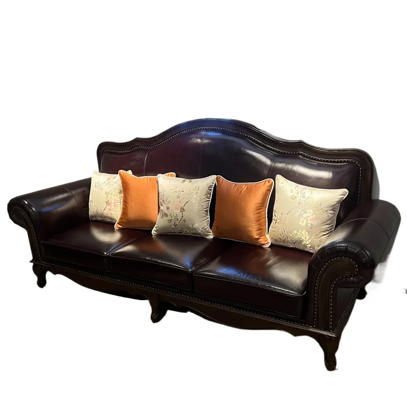 

American sofa is all solid wood leather, large flat living room of large-sized villa