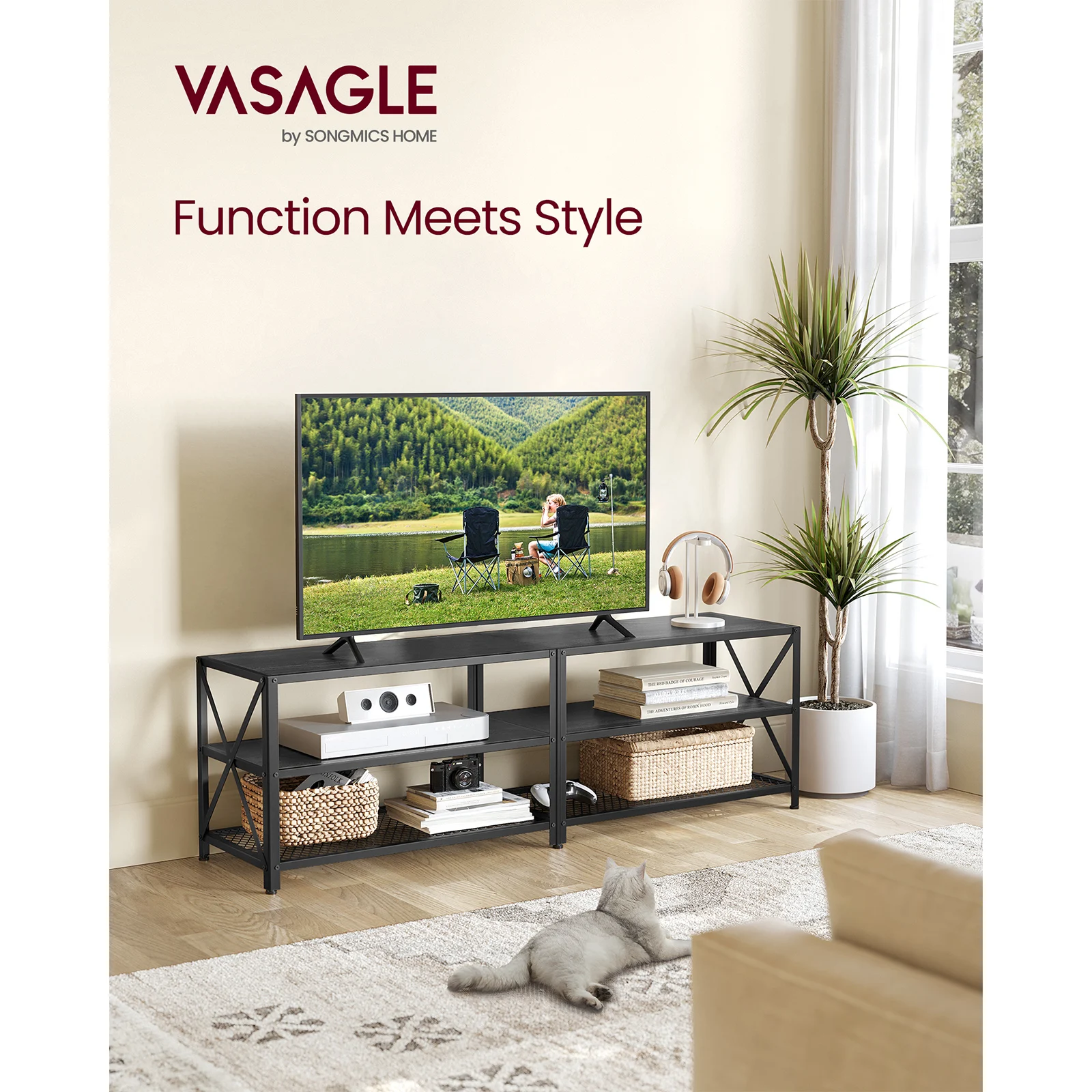 VASAGLE TV Cabinet, TV Stand for TVs Up to 70 Inches, Entainment Centre with Storage Shelves, 63 Inches Width, Steel Frame2