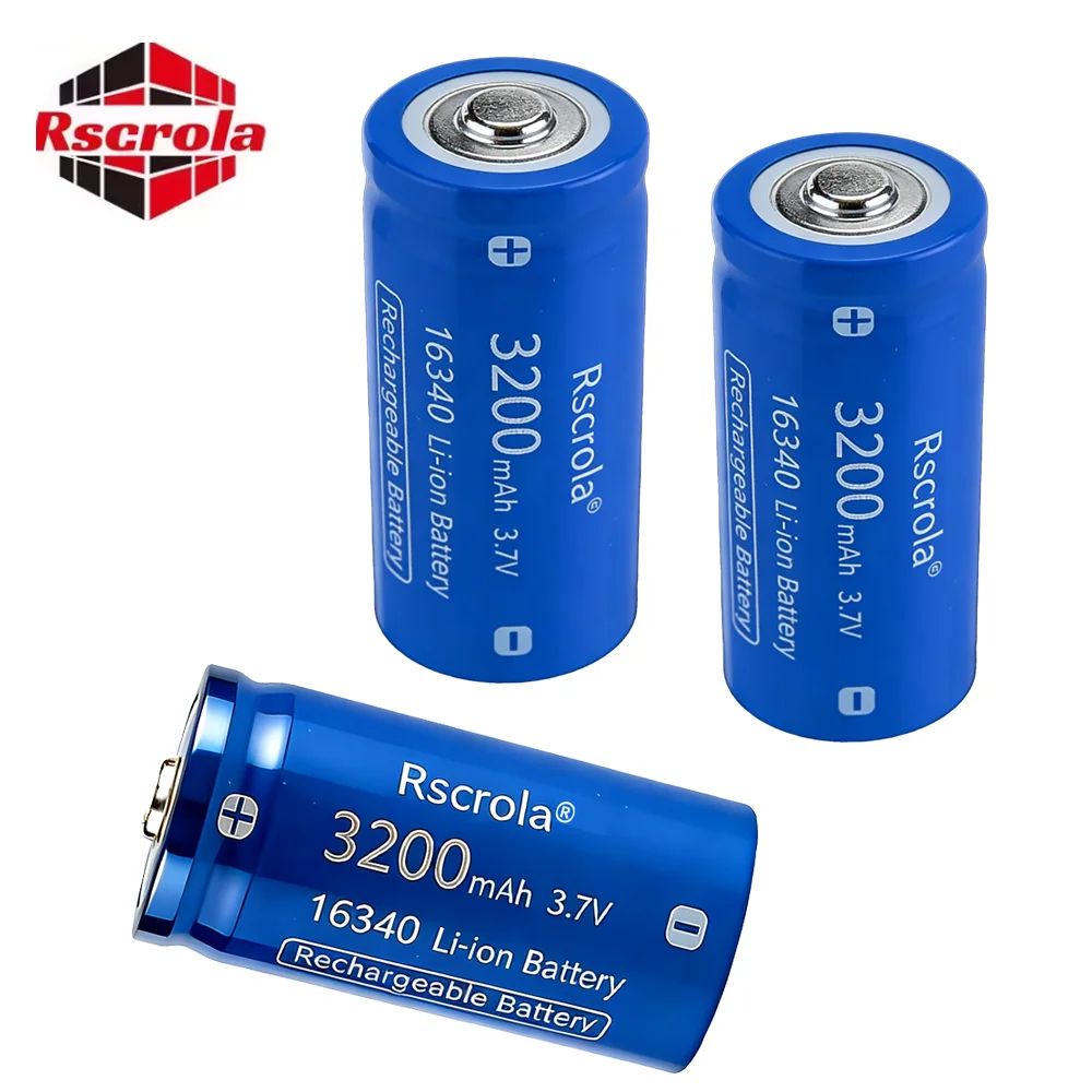 3.7V 16340 Li-ion Rechargeable Battery 3200mAh with USB Charger, Protected Circuit for LED Flashlight, Headlamp, Laser, Toys