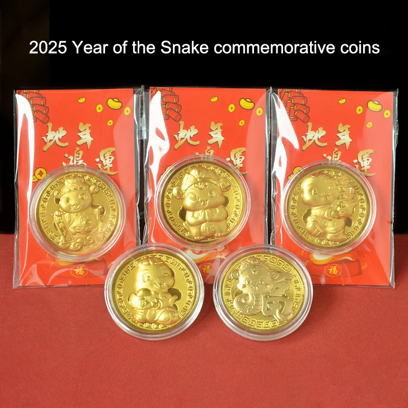 1Pcs 2025 Chinese Snake Gold Coin With Red Cardboard New Year Of The Snake Craft Golden Foil Cartoon Souvenirs Gifts