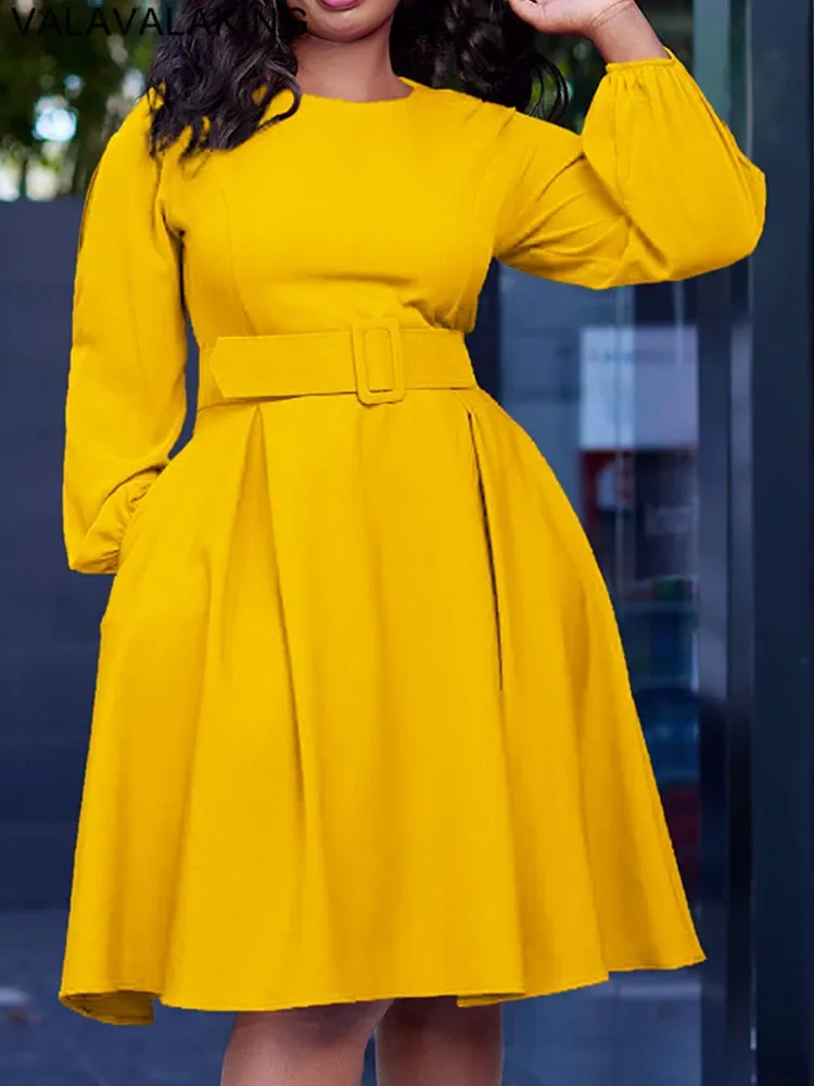 

2025 Sexy Spring Autumn Belt Plus Size Dress Women Long Sleeve Large Big Long Dresses Solid O Neck Lady Party Folds Curvy Dress
