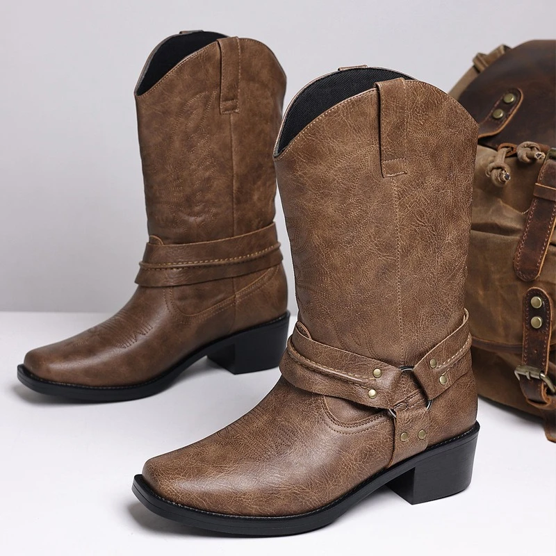 Men's Boots Retro Embroidered Western Cowboy Boots Fashion Men Motorcycle Locomotive Boots Mid-calf Leather Boot Botas Masculino