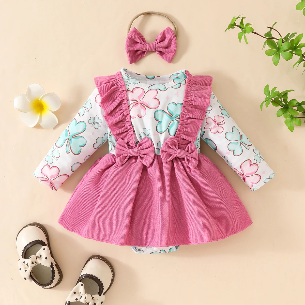 

Baby Girl Spring and Autumn Dress Four Leaf Clover Ruffle Fashion Dress 0-18 Months Cute Baby Girl Long Sleeve Corduroy Dress