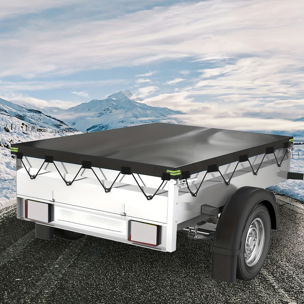 420D Oxford Trailer Tarpaulin With Reflective Strips Windproof Waterproof Cargo Cover For Car Hauler Utility Trailer Black