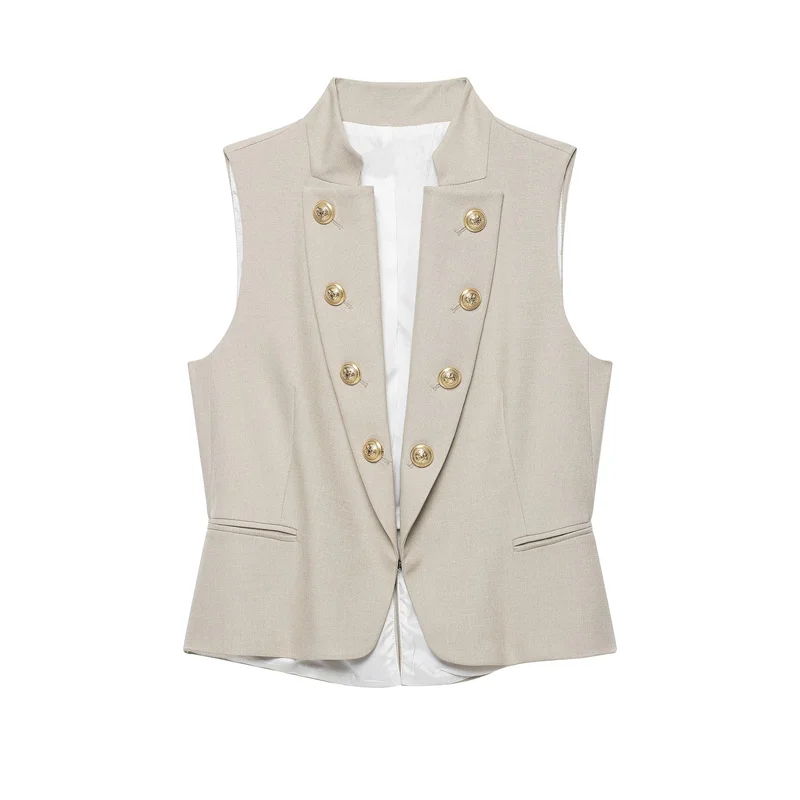 2026 Summer New Womens Vest Khaki Sleeveless Button Decorated Vest Jacket Personalized Fashion Commuting Top for Daily Wear