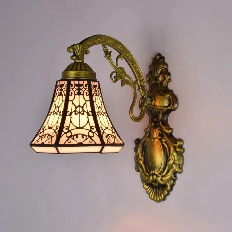 GEFENSI Tiffany Stained Glass Retro Mirror Front Lamp Nostalgic Bedside Aisle Sunflower Single Head Glass Wall Lamp