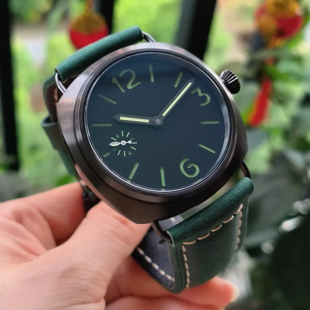 no logo 45mm Mechanical Hand Wind watch Brushed PVD Black case Blue coated mineral glass Black dial green number Seagull ST3600