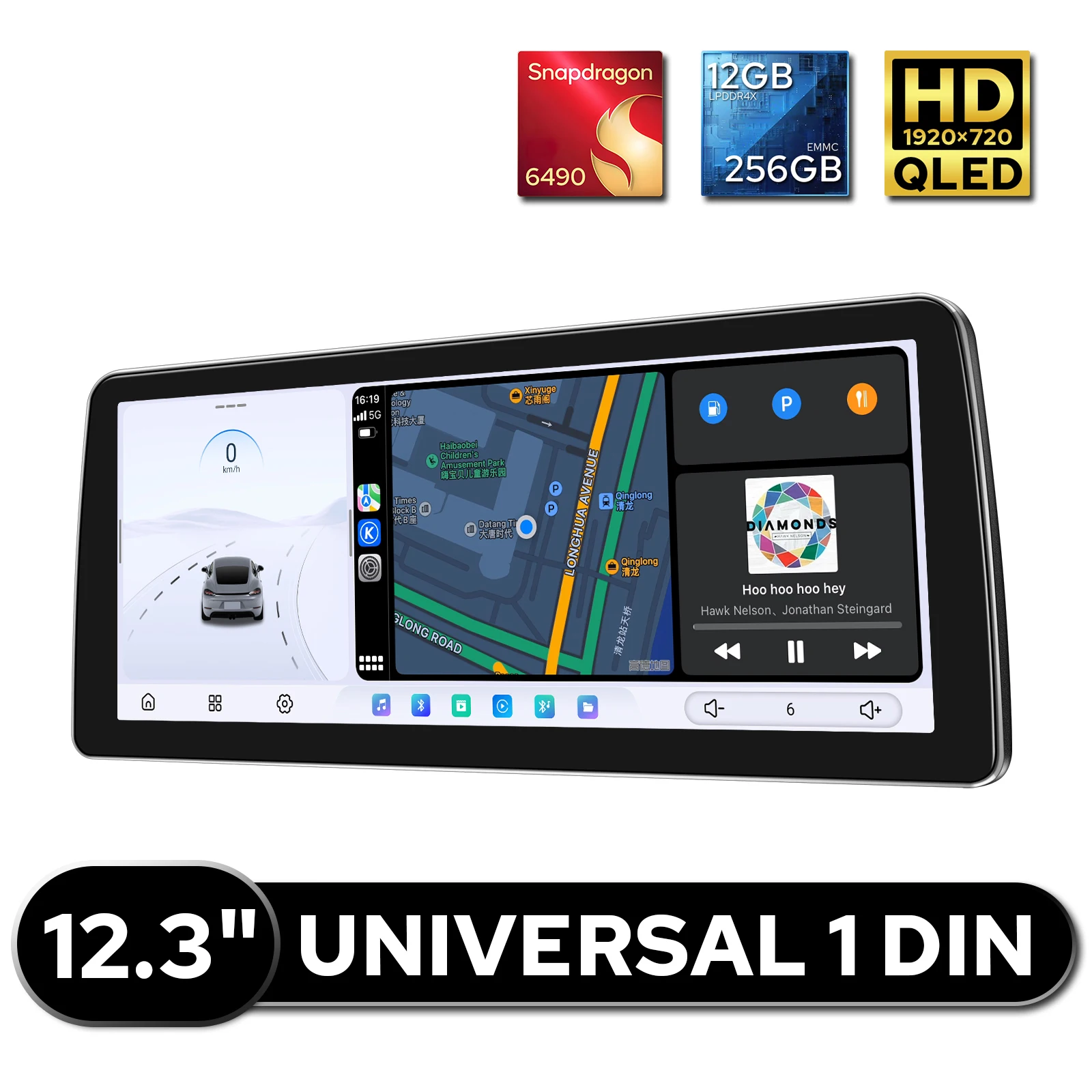 JOYING Universal 12.3''Trapezoid Android Car Stereo Head Unit QLED 1920×720 Touch Screen 12GB 256GB USB Type-C 360° Camera Jack