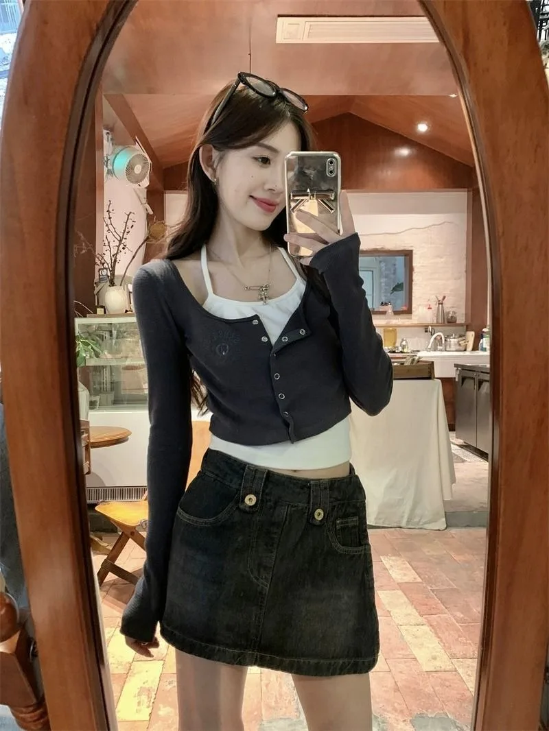 Damen Koreanischer Ins-Stil Reines Y2K Hot Girl Neckholder Langarm-T-Shirt Frühling Herbst Neues Slim-Fit Schulter-Fake-Zweiteiler-Oberteil – Detail 16