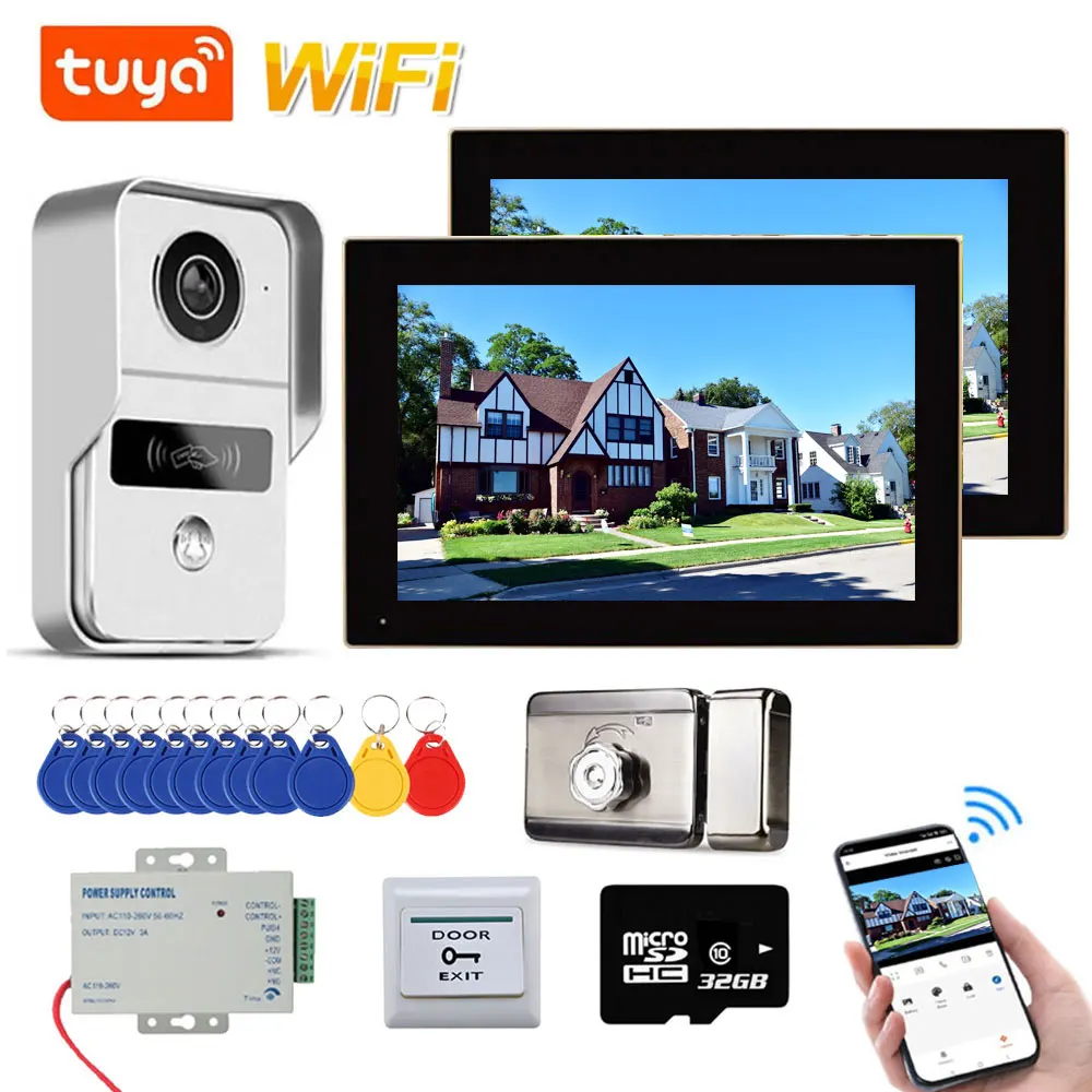 7 Inch TUYA APP 1080P Wifi 4 wire Touch Screen Video Door Phone Intercom System with Wired Doorbell APP/Card Swipe+Electric Lock