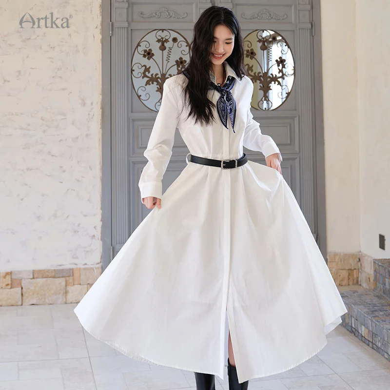 ARTKA 2025 Autumn New Women Dress French White Shirt A-Line Long Dresses Long Sleeve High Waist Dress With Scarf Belt LA82050Q