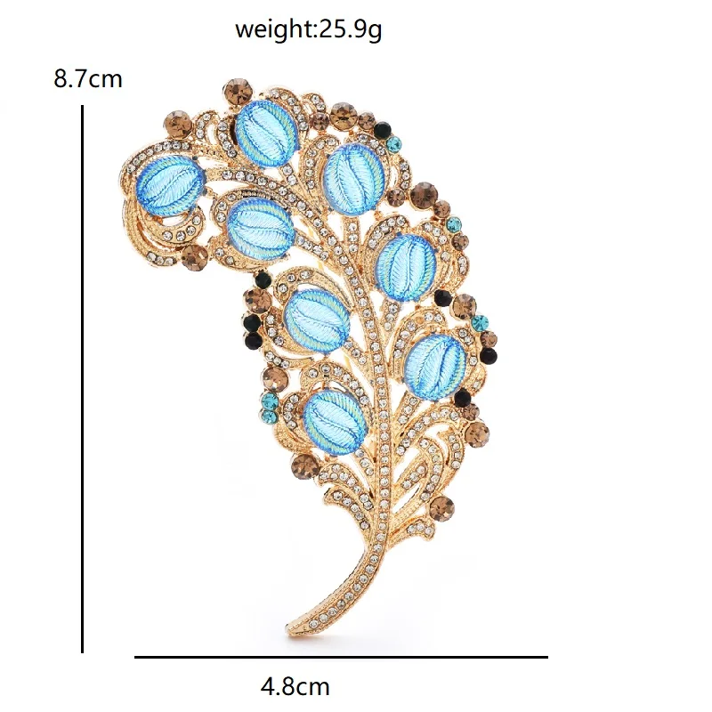 Wuli&baby Big Palace Style Feather Brooches For Women Lady Elegant Blue Leaf Flower Party Office Brooch Pins Gifts