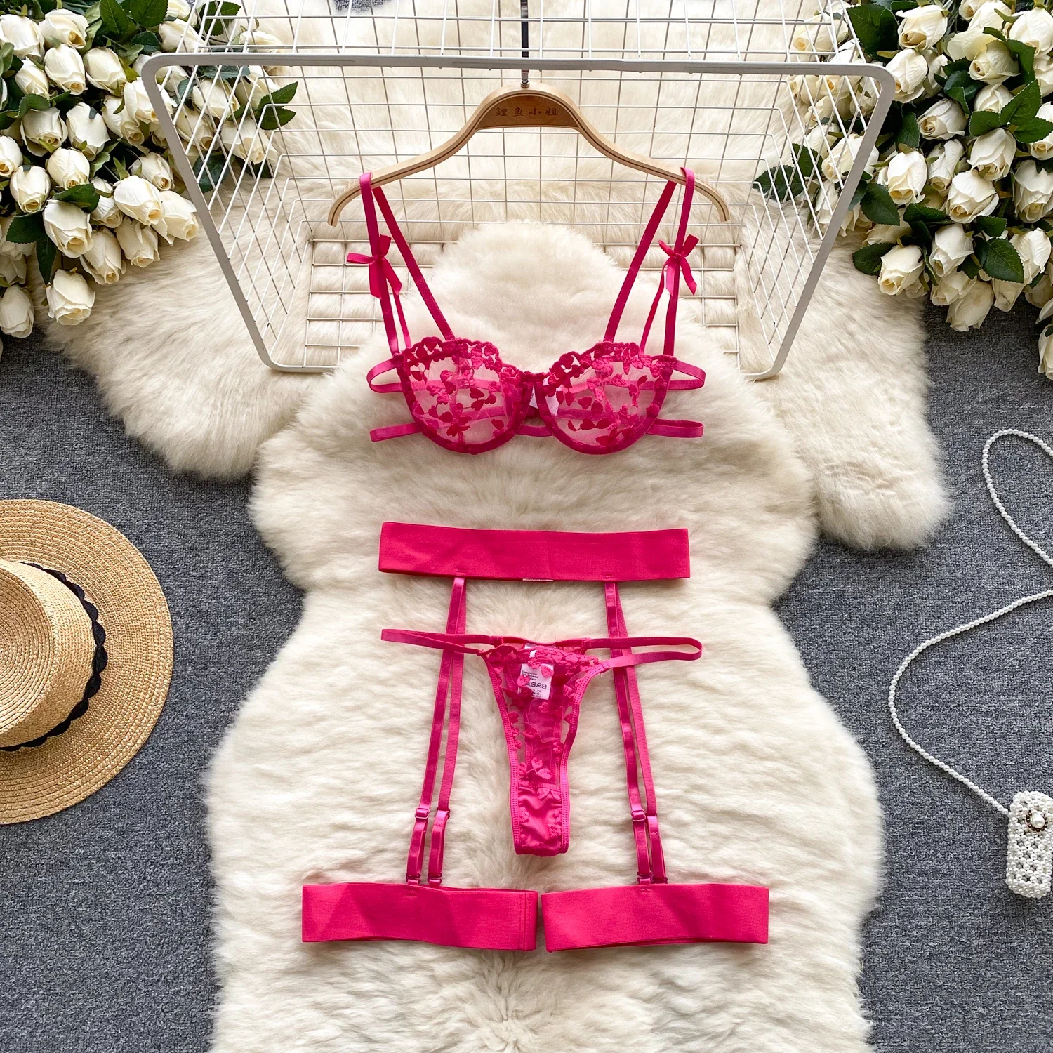 

Floral Embroidery Sexy Bra & Brief Sets Transparent Short Camis+Sensual Thongs Ladies Backless Erotic Underwear Suits