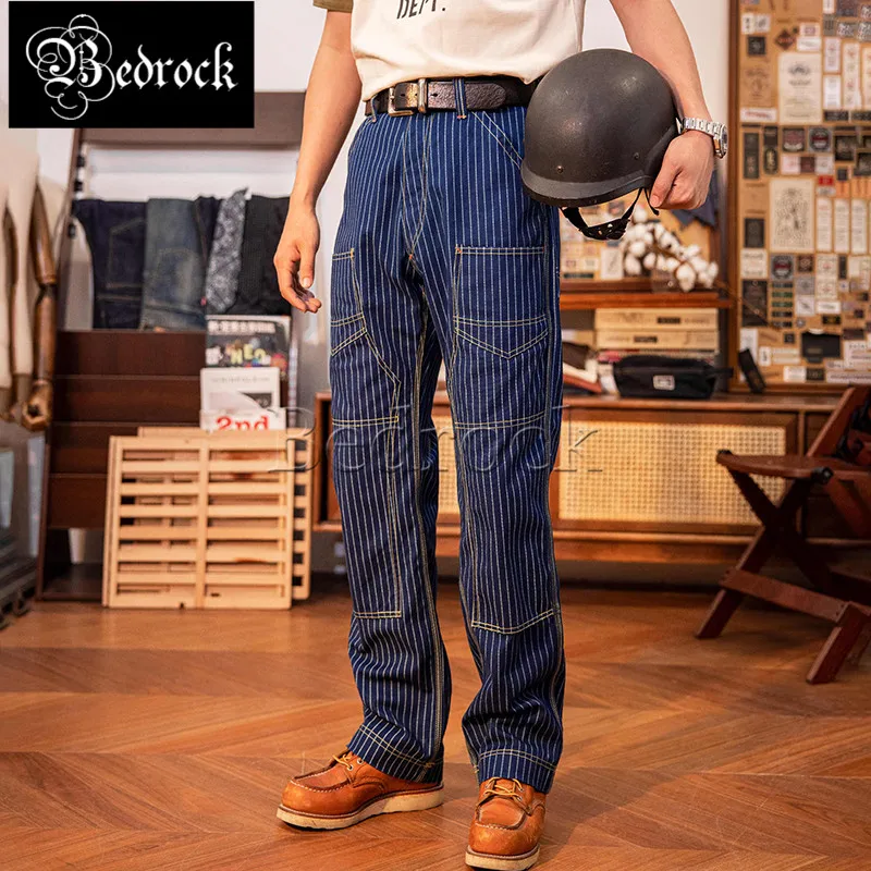 Underground Dyed Blue Striped Overalls Pure Cotton Slim Straight Trousers Wear-resistant Canvas Cargo Pants Vintage Buckle Back