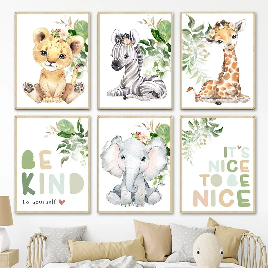 Elephant Zebra Giraffe Lion Hippo Rabbit Cartoon Animal Wall Art Canvas Painting Poster And Prints Wall Pictures Kids Room Decor