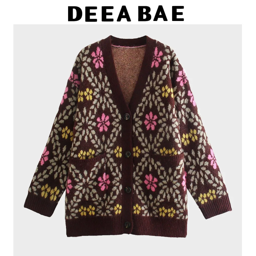 

DEEABAE Korean Style Women's Clothing Fashion Temperament V-neck Long-sleeved Jacquard Cardigan Design Retro Color Sweater