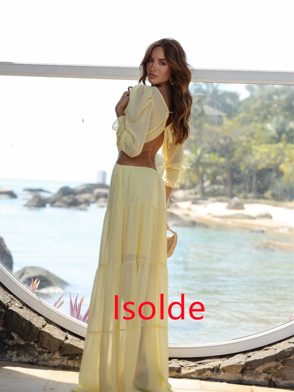 Personalizado macio amarelo chiffon vestido de noite requintado com decote em v mangas compridas vestidos de baile formais vestidos de ocasião especial