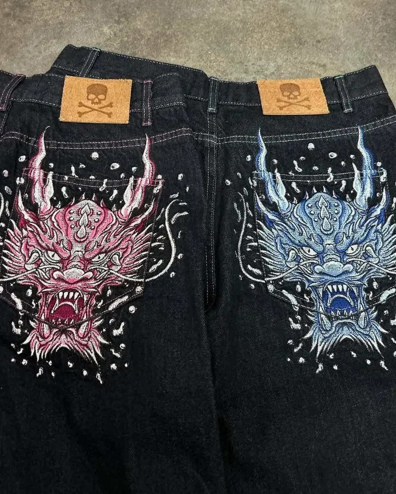 الأوروبية والأمريكية العصرية الشارع الشهير القوطية الشرير الهيب هوب فضفاض الجينز الرجال Harajuku عادية Y2K عالية الخصر واسعة الساق السراويل النساء