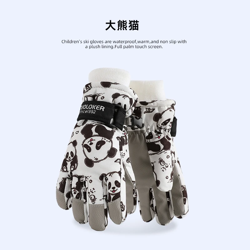 Cartoon Children Ski Gloves Waterproof Plush Thickened Winter Panda Girls Boys Warm Heated Thermal Gloves Snowboard Accessories