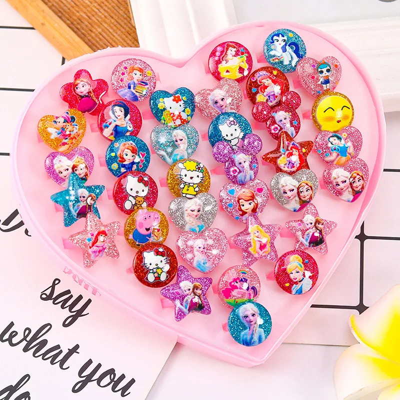 36pcs Little Girl Adjustable Rings in Box Kids Jewelry Rings Set with Heart Shape Display Case Girl Pretend Play and Dress up