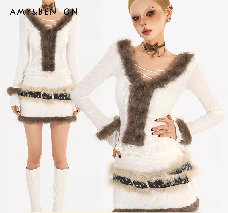 

Autumn Winter New American Hot Girl Short Skirt Set Retro Design Fur Collar Knitted Top Sexy Bodycon SkirtsTwo-Piece Set Ladies