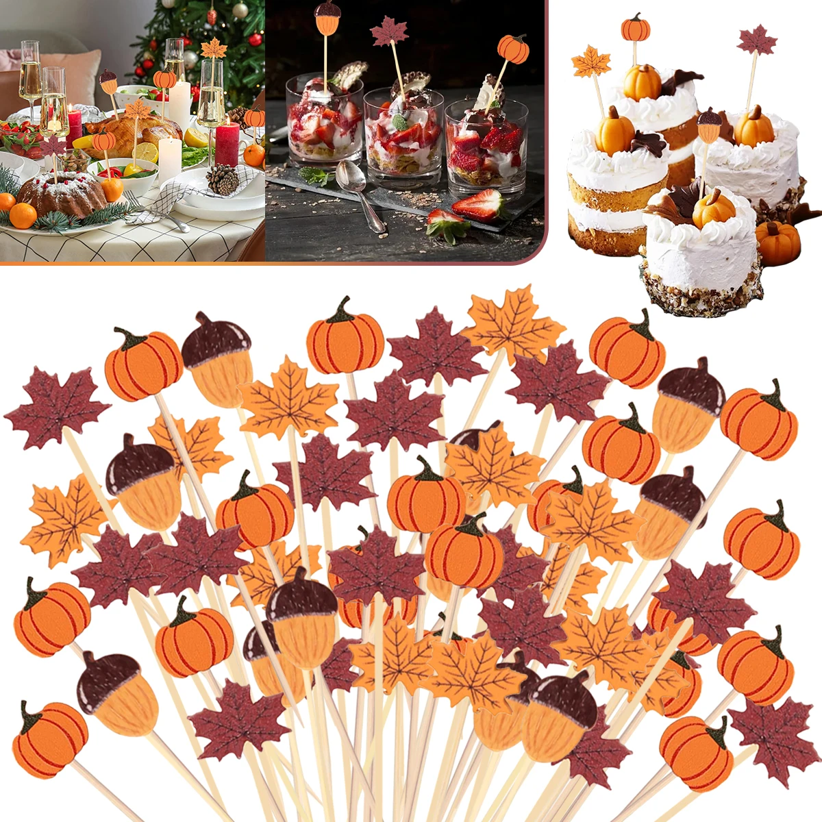 

100/200/300Pcs Thanksgiving Fruit Snack Cake Dessert Food Pick Toothpick Bamboo Appetizer Toothpicks for Thanksgiving Supplies