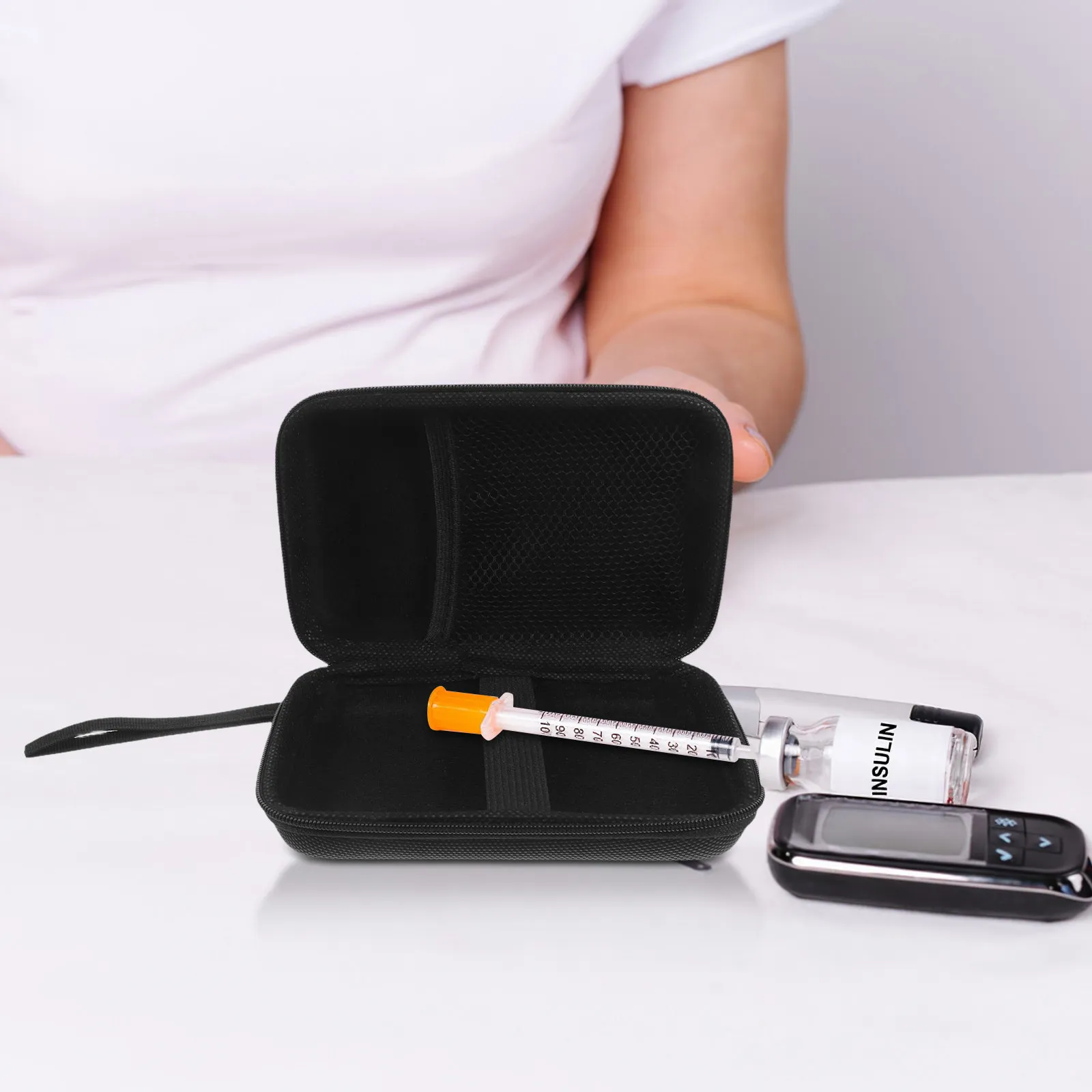 2Pcs Blood Glucose Meter Storage Bag Hard Shell Eva Protective Case Rectangle Shaped Zipper Travel Organizer Portable