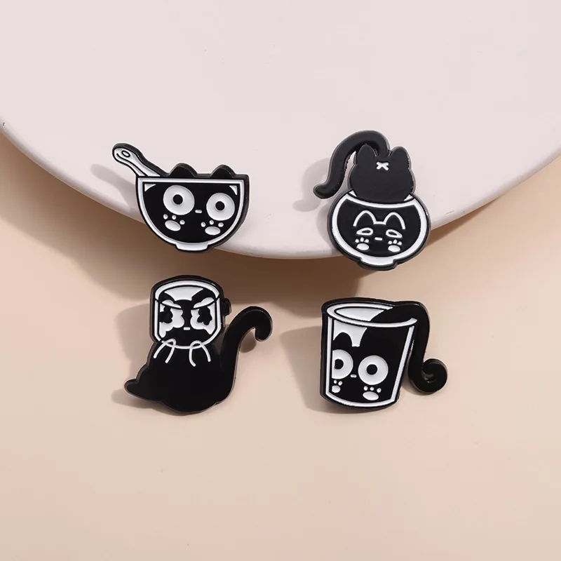 4-7pcs Black Cats Enamel Pins Cartoon Kitten Terrarium Floral Animal Brooches Lapel Badges Funny Jewelry Gift For Fans Friends