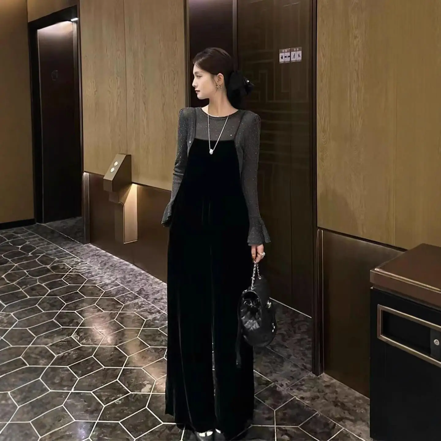 Conjunto de Camiseta de Veludo e Macacão Ele e Small Fraance Sle, Calças Casuais de Outono, Cintura Alta, Estilo Reto...