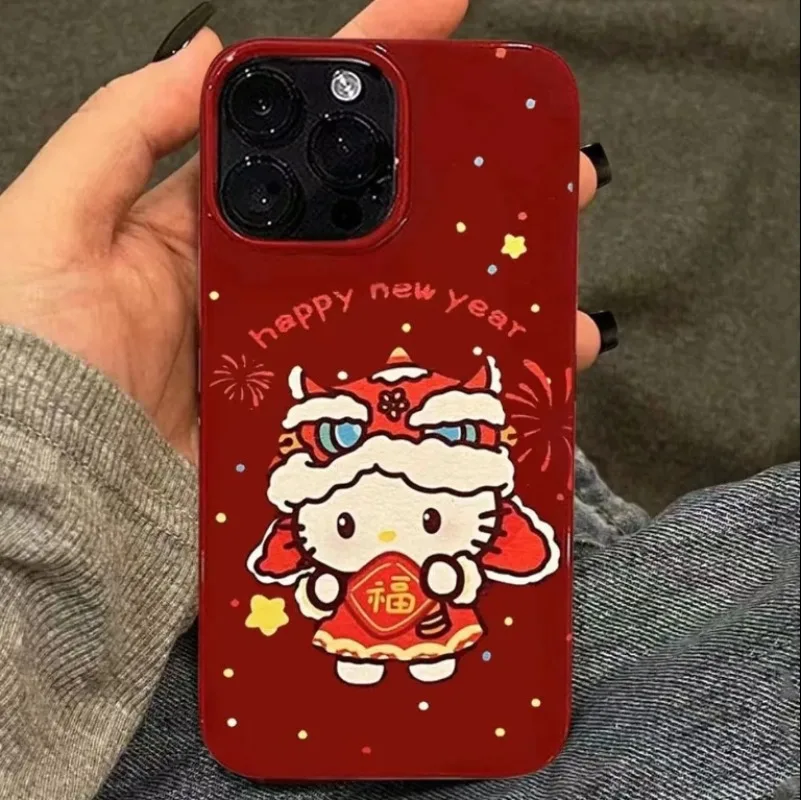 Funda de teléfono roja con estrella de Hello Kitty de Navidad para IPhone 16 15 14 12 13 11 Pro Max XR XS MAX 7 8 PLUS Y2K, funda Kawaii rosa para chica