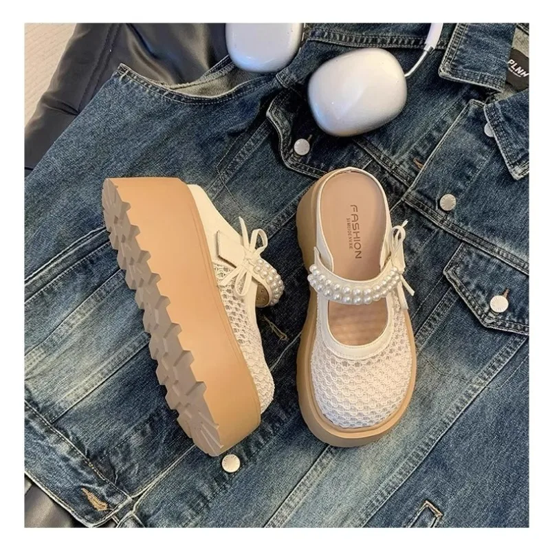 

Современные тапочки из искусственной кожи на высоком каблуке, женская обувь на плоской подошве с выдвижной отделкой, распродажа, новинка 2025 года, летние уличные женские тапочки